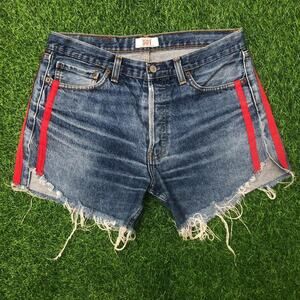 Women’s Red Striped Levi 501 Button-Fly Denim Shorts